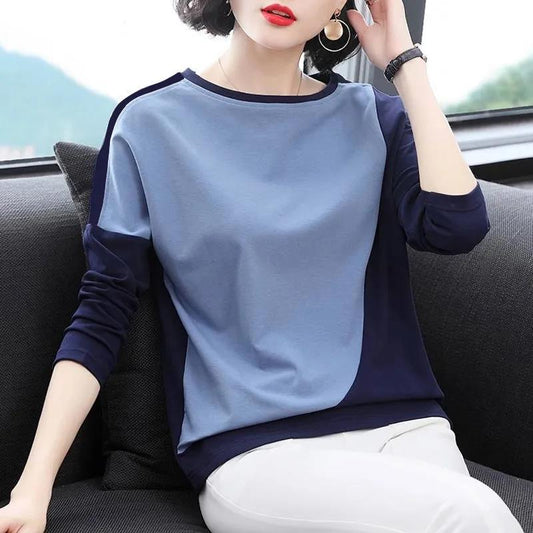 Women Stitching Color Shirt Summer Casual Pullover Long-sleeved T-shirt Boutique Bottoming Shirt