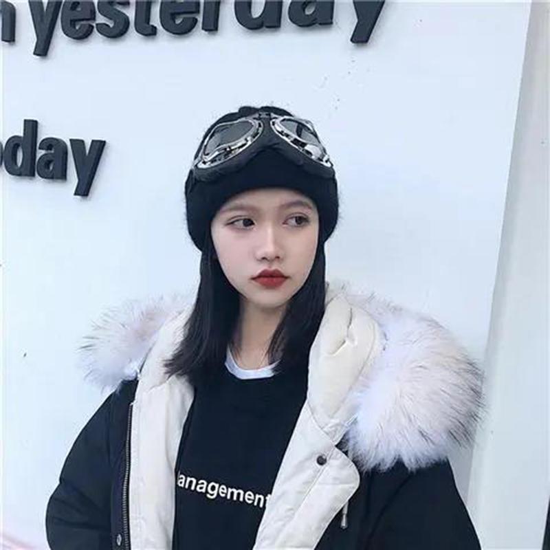 Winter Women's Fashion Aviator Glasses Ski Hat Warm Knitted Hooded Hat Casual Thick Woolen Hat