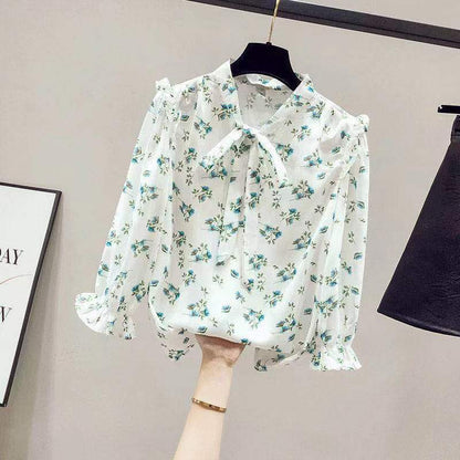 Design Niche Women's Shirts Women's Chiffon Three-quarter-sleeved Shirt Floral Shirt Temperament Elegant Bow Fabric Light and Breathable