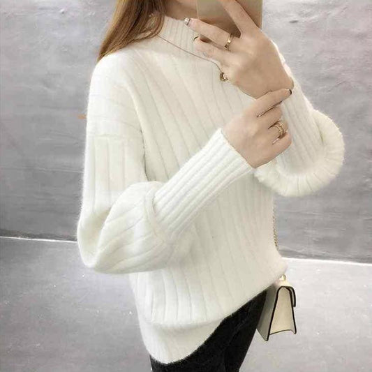 Winter Women Puff Sleeve Half Turtleneck Pullover Sweater Slim Sexy Soft Knitt Sweatshirts