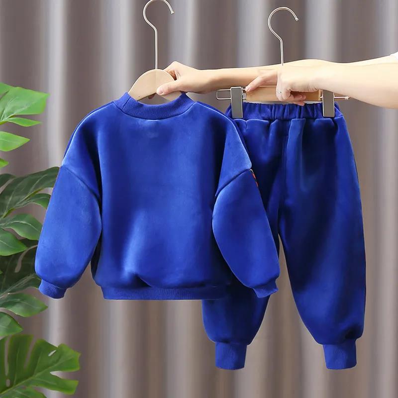 2021 Children's Clothing Plus Fleece Boy Middle and Small Children's Sweater Suit Double-sided Fleece Baby Casual Korean Two-piece Suit