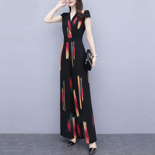 Casual Jumpsuit V-neck Black Female Print Slimming Jumpsuit High Waist Wide-leg Pants Loose Slimming Elegant Women's Clothing