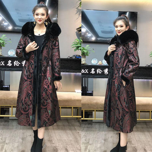 Vintage  Printed Faux Fur Coats Women's Long Calf-length  Flocking Reversible Faux Fur Coats