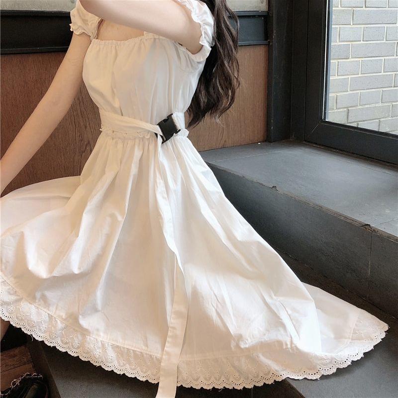 Summer French Retro Square Collar Waist Slim Design Sense White Short-sleeved Dress Women