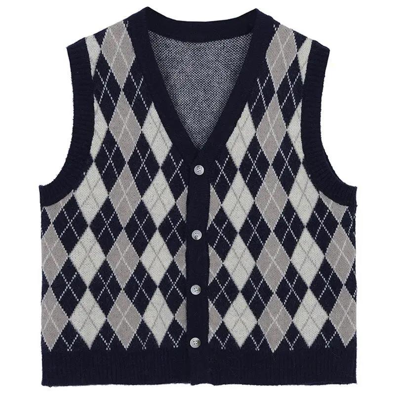 Spring and Autumn College Style Retro V-neck Plaid Knitted Vest Women's Loose Outer Wear Sleeveless Women's Sweater Vest