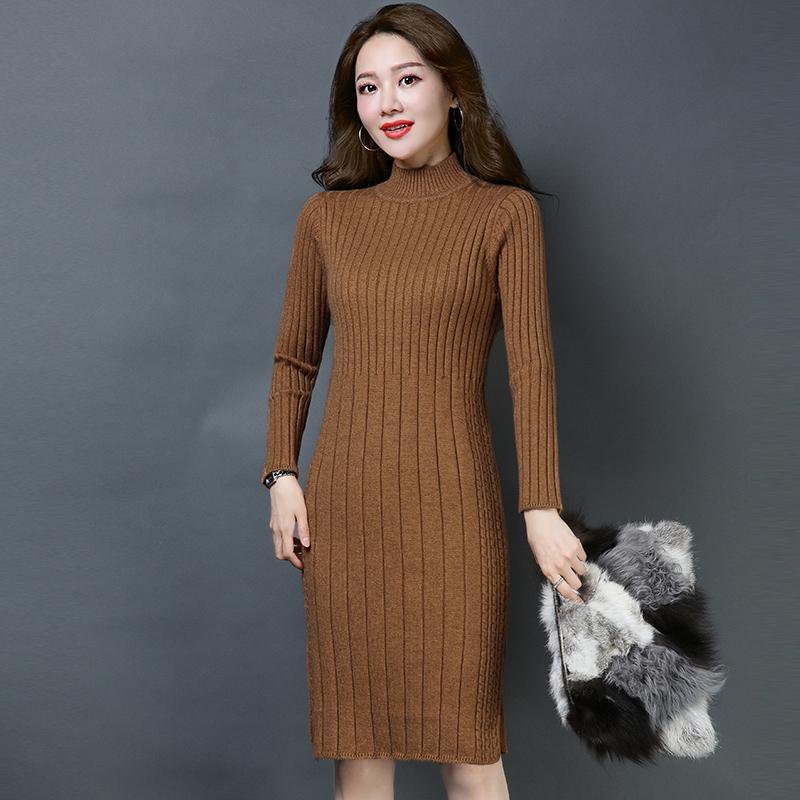 Womens Knitted Dress Autumn Winter Vintage Ladies Slim Sweater Dress Long Sleeve Knit Dresses