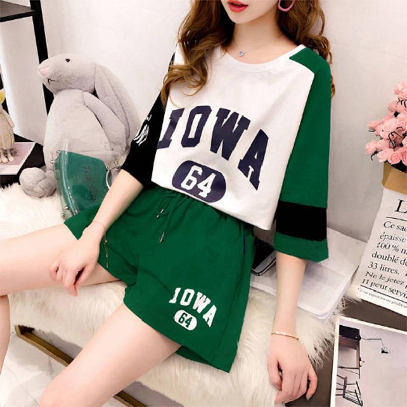 Two-piece Stitching Loose Large Size Fashion Sports Suit Women's Summer Sports Casual Short-sleeved Tops and Shorts