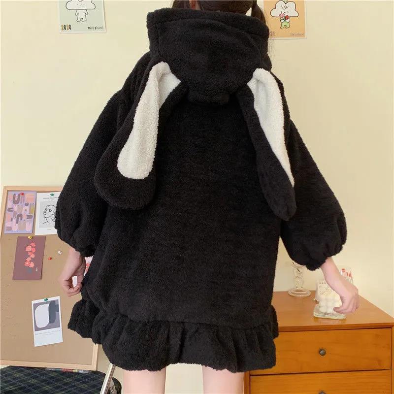 Rabbit Ears Hoodies Women Zip-up Sweatshirts Coat Long Lantern Sleeve Hooded Lolita Cute Sweet Girls Harajuku Warm Baggy for Her