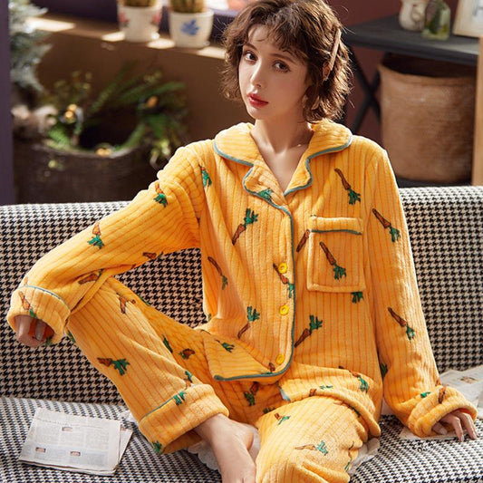 Coral Fleece Pajamas Women's Flannel Pyjamas Plus Size Velvet Thick Sleepwear Autumn Winter Warm Home Wear Suits Tops Pants Sets Long Sleeve Outwear