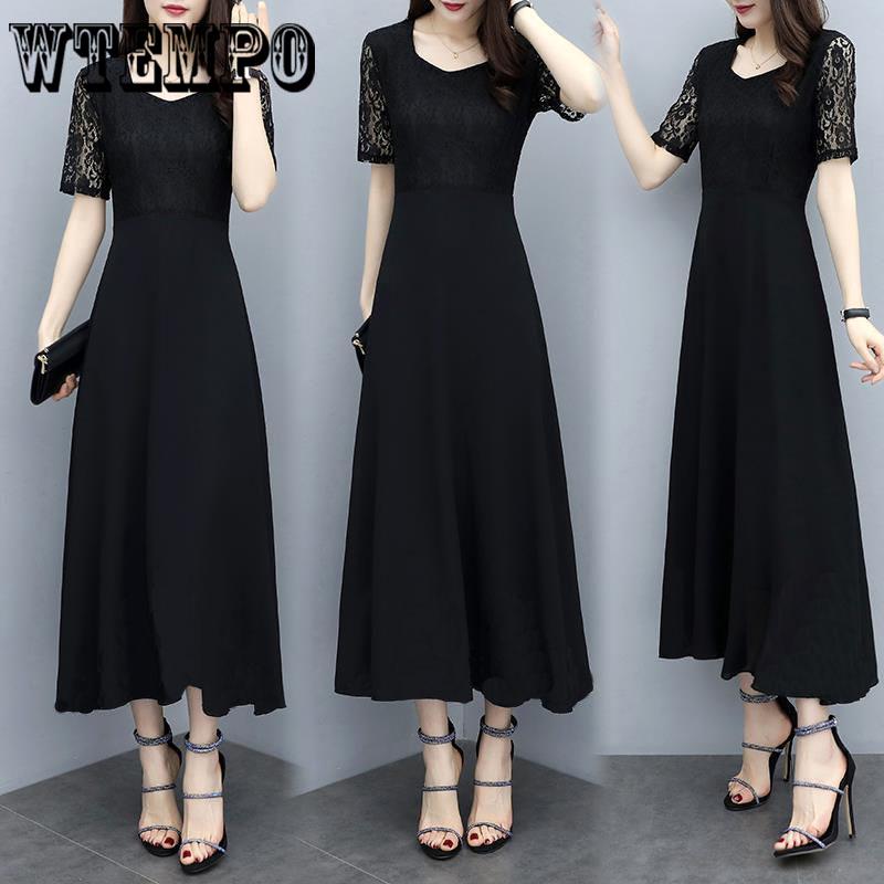 2019 summer new style foreign large size women's fat long dress  ace stitching dresses Casual black