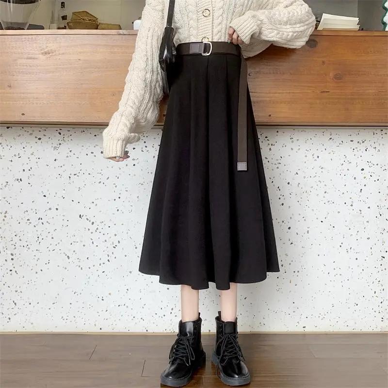 Skirts Womens Black A-line Skirt Spring Summer High Waist Pleated Skirt Female Solid Color Mid-length Skirt with Sashes