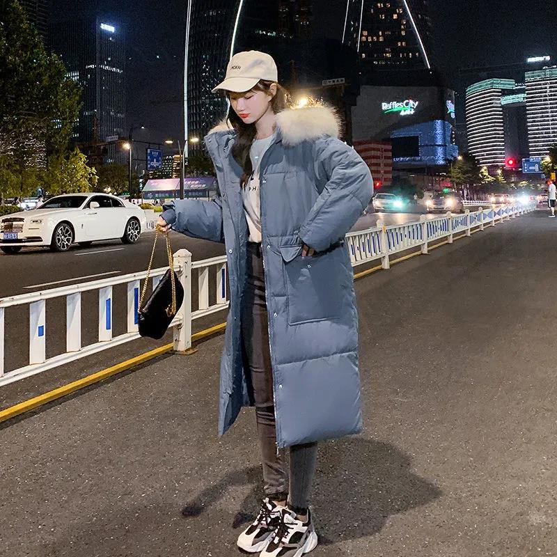 Down Jacket Winter Ladies Fashion Korean Big Fur Collar Thick Warm Hooded Mid-length Plus Size Cotton Jacket