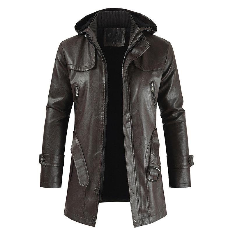 Men's Casual Fashion Mid-length PU Leather Hooded Slim Youth Motorcycle Leather Jacket