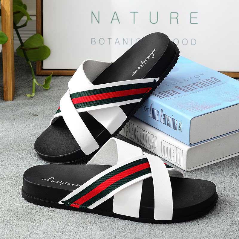 Size40-45 Summer Men Sandals Comfortable Non-slip PU Leather Beach Slippers Casual Outdoor Slippers Cross Alphabet Drag Flip Flops