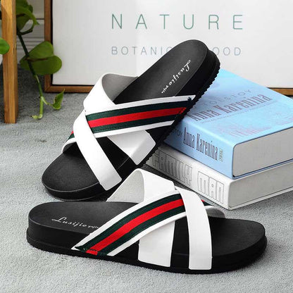 Size40-45 Summer Men Sandals Comfortable Non-slip PU Leather Beach Slippers Casual Outdoor Slippers Cross Alphabet Drag Flip Flops