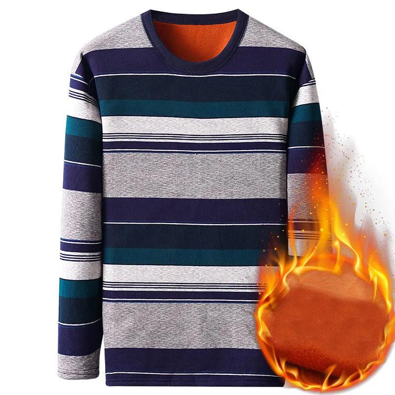 WTEMPO Men Pullover Round Neck Striped Shirt Winter Cashmere Padded Warm Shirt Soft and Comfortable Pullover