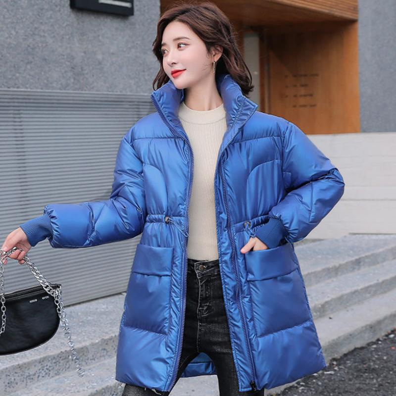 Women's Shiny Mid-length Down Jacket Winter Korean Style Loose Coat Warm Stand-collar Down Jacket