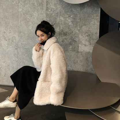 Winter Lamb Plush Coat Women Korean Mid-length Faux Fur Coat Women Loose and Thick