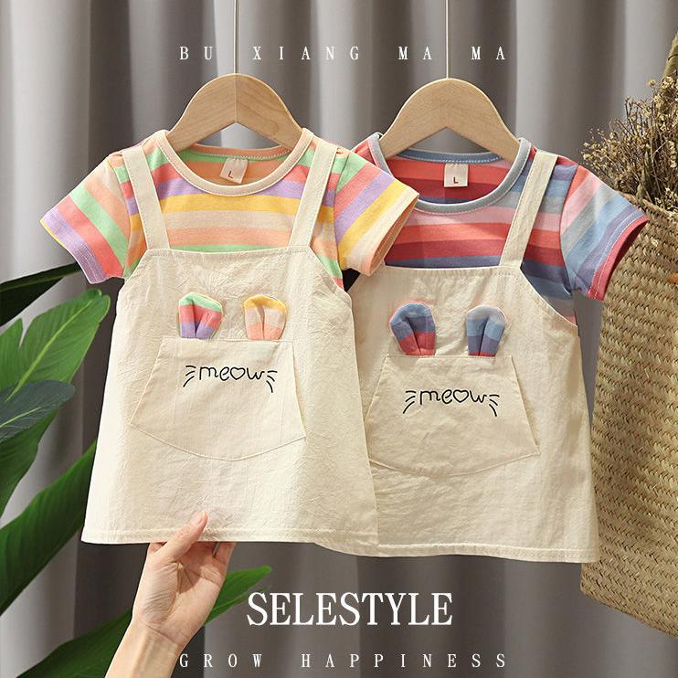 Children Dress Spring Summer O-neck Kids Clothing  Baby Girls Clothing Printing Short Sleeve Fake Two Dress Girl