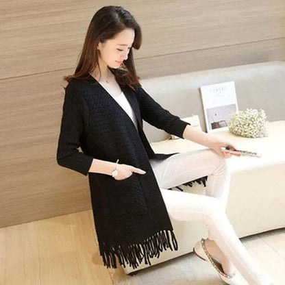 Women's Autumn Mid-length Tassel Cardigan Sweater Spring Large Size Solid Color Casual Sweater Coats