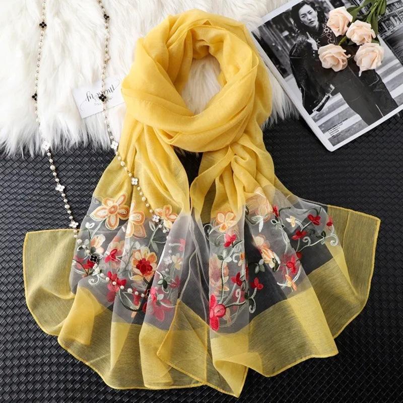 Women's Sunflower Embroidered Scarf Warm Autumn Winter Simulation Silk Mulberry Scarf Thin Solid Floral Neck Cover Female Wrap Shawl Sweet Lace Scarf