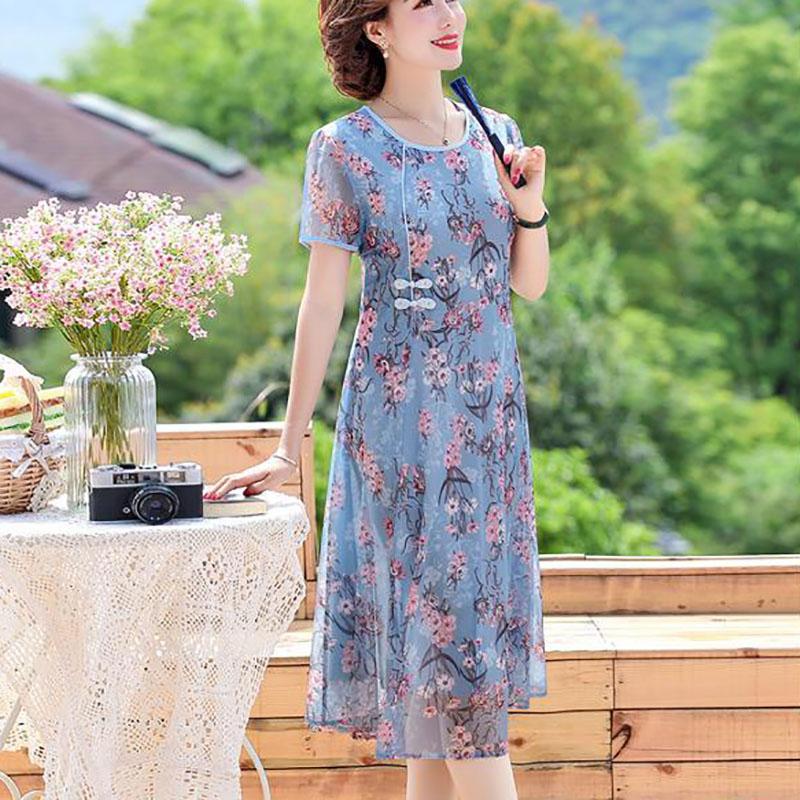 Mom Summer Dress Middle-aged and Elderly Women's Noble Mid-length Chiffon Over The Knee Summer Dress