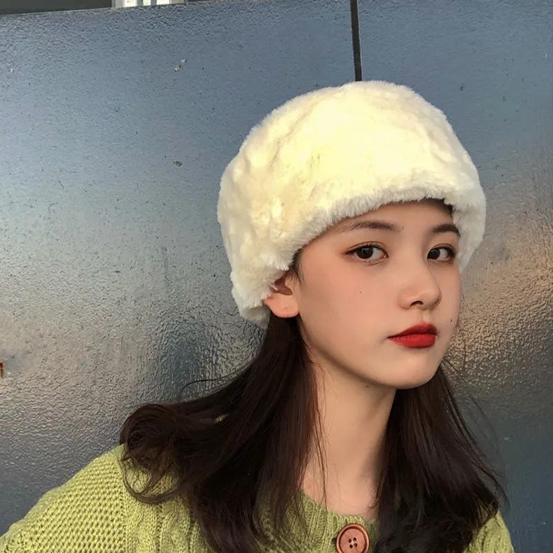 Ladies Winter Fisherman Hat Plush Velvet Warm Hat Ear Protection Pure Color Rabbit Fur Blend Dome Beret Top Hat Puffy Warm Soft Headgear