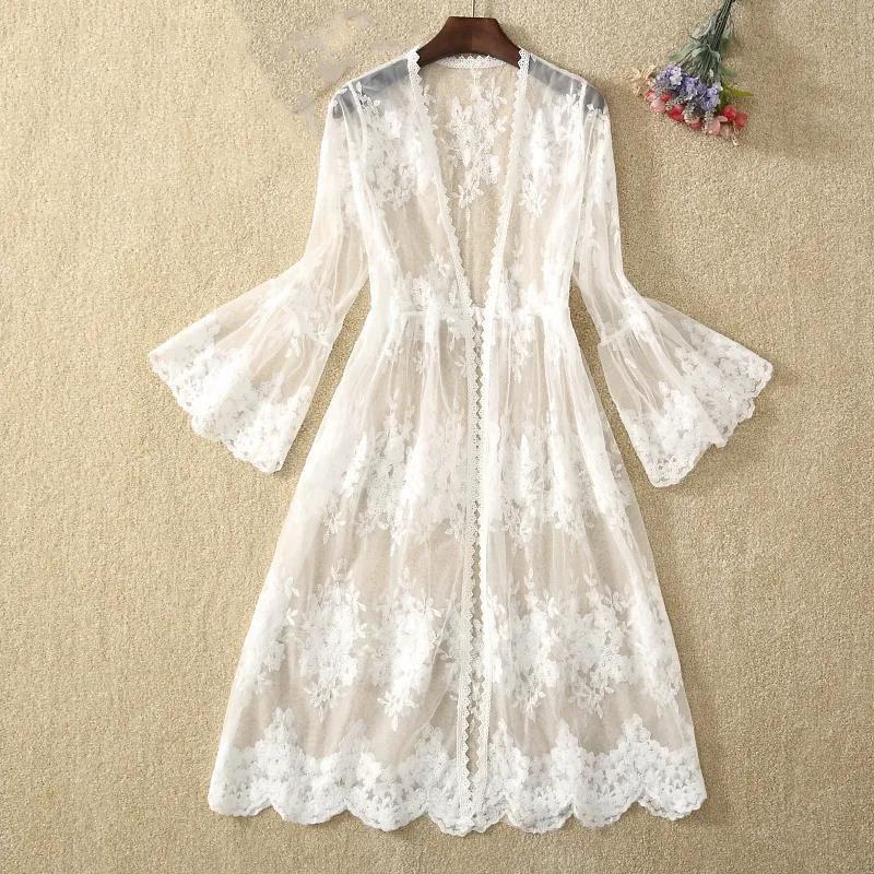 Lace Mesh Three-quarter Sleeve Cardigan Shawl Women's Summer Mid-length Trumpet Sleeve Sunscreen Thin Slim Outer Wear