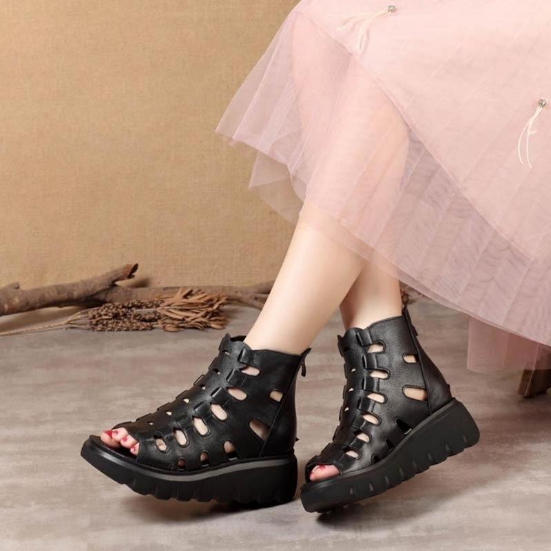 Fish Mouth Sandals Women's Summer Soft Leather Wild Hollow Sponge Cake Casual High-heeled Thick-soled Increased Flat-bottomed Women's Sandals