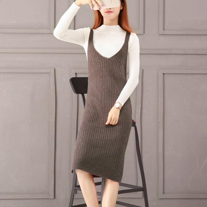 Autumn and Winter Knitted Bottoming Skirt Solid Color Mid-length Simple Suspender Skirt Fashion Slim Female Sweater Dress