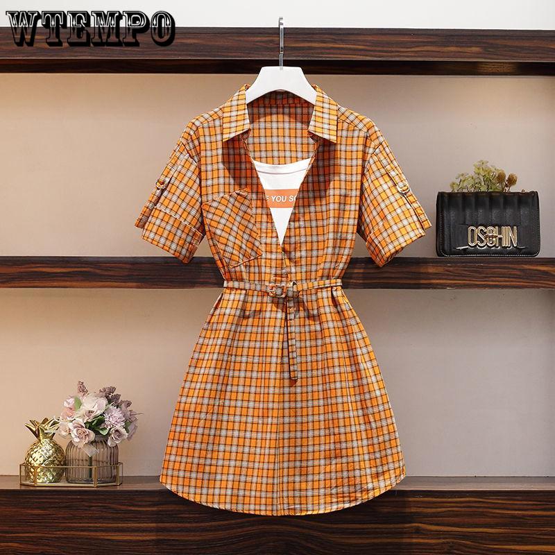 Plus Size L-XXXXL Summer Women High Quality Cotton Loose Slim Plaid Dress Office Ladies Dress