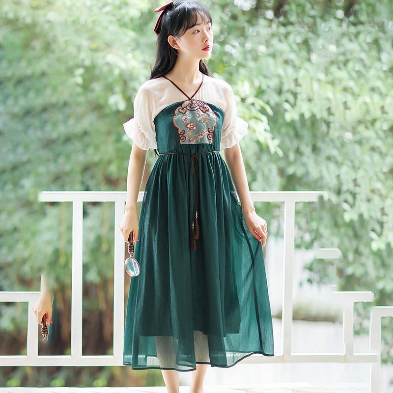 Summer Daily Improved Version of Hanfu Dress Female Embroidery Han Elements Literary Retro Mid-length Skirt Fairy