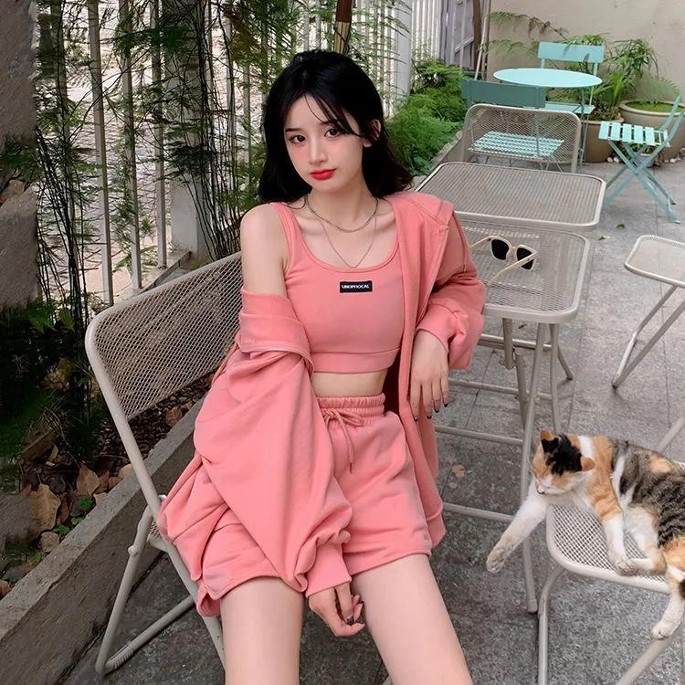 3PCS Ladies Casual Sports Suit Spring and Summer Cool Girl Loose Thin Sweater Zipper Cardigan + Vest + Wide Leg Shorts Three-piece Set Tracksuits