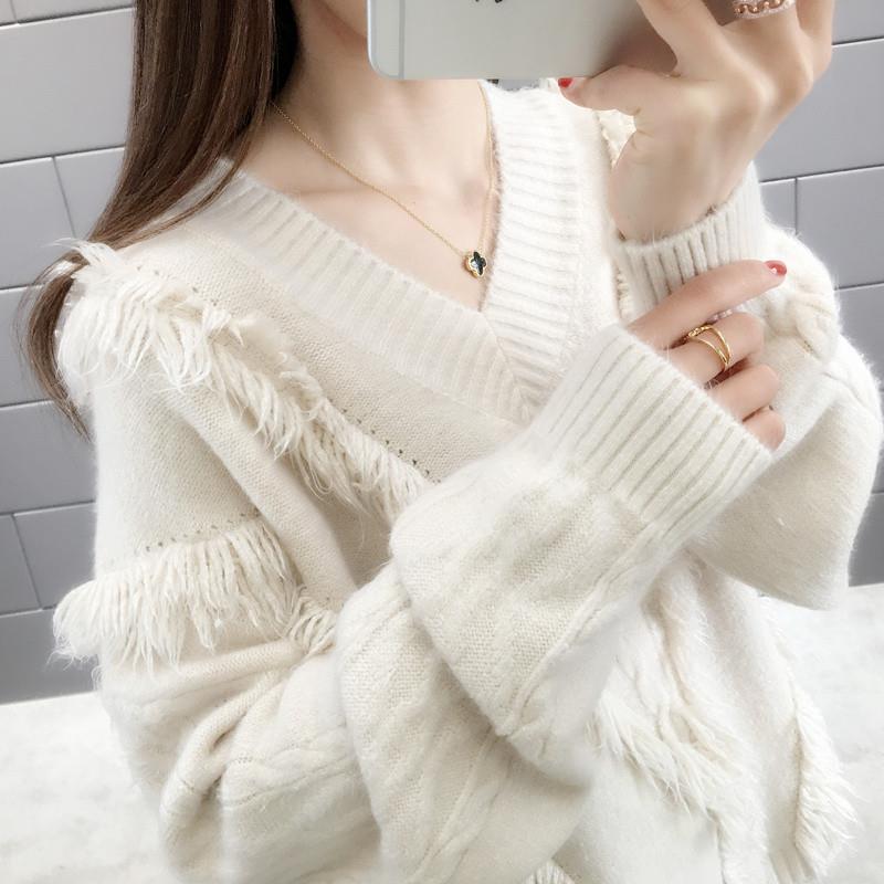 V-neck Large Size Warm Sweater Cashmere Turtleneck Sweater Female Autumn and Winter Long Sleeves