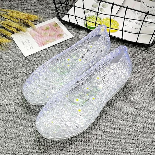 Summer Plastic Sandals Female Flat Beach Hole Shoes Non-slip Hollow Plastic Sandals Female Jelly Shoes Crystal Flat Sandals