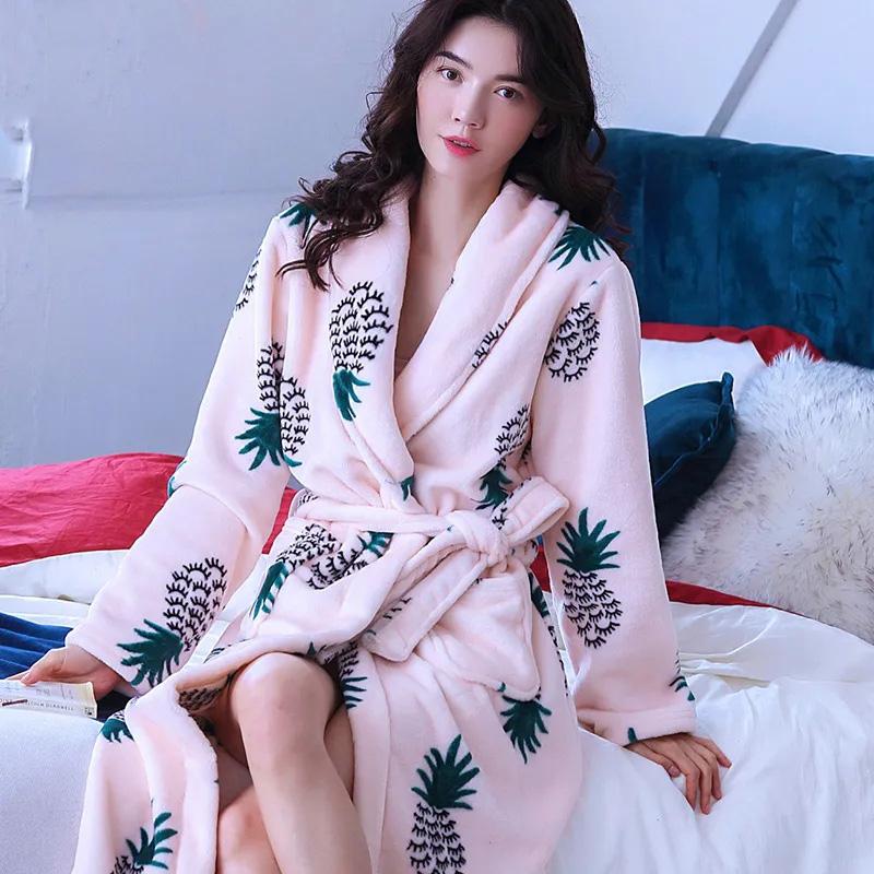 Female Coral Fleece Nightgown Robe Flower Flannel Pajama Autumn Winter Warm Thickening Bathrobe Long Japanese Kimono Bathrobe Sleeping Suit