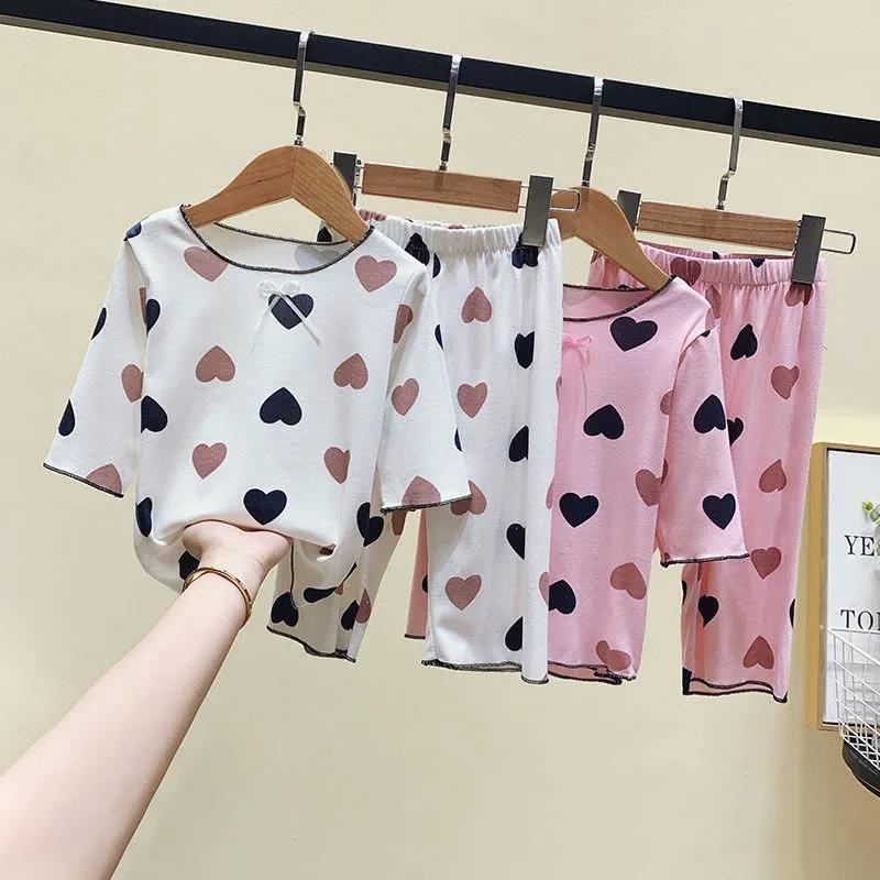 Girls' Spring and Autumn Summer Pajamas Children's Home Clothes Baby Three-quarter Sleeves Two-piece Air-conditioning Suit