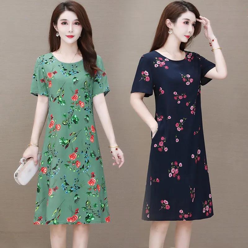 Women's Printed Mid-length Dress Casual Summer Short-sleeved O-neck Thin Cotton Dress Fat Sister Dress Loose Casual Thin Dress Light and Breathable