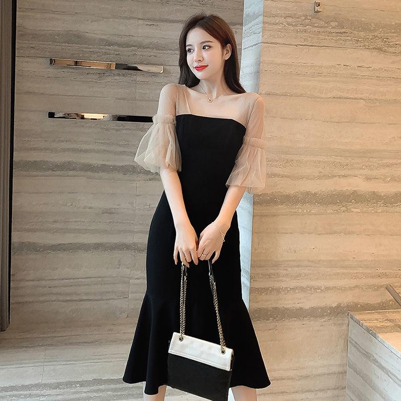 Women's Spring and Summer Square Neck French Elegant Retro Mesh Bubble Sleeve Slim Slim Bag Hip Long Fishtail Dress