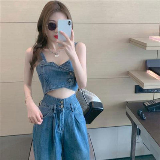 2PCS Denim Suit Women's Short Small Camisole Tube Top Top + Mopping Trousers High Street Two-piece Elegant Ladies Suit