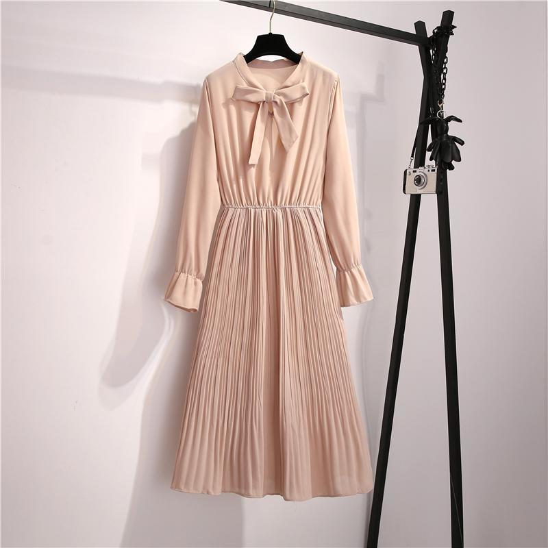 Female Simple Elegant Base Casual Dress Slim Bow V-neck Pleated Vintage High Waist Holiday Dress