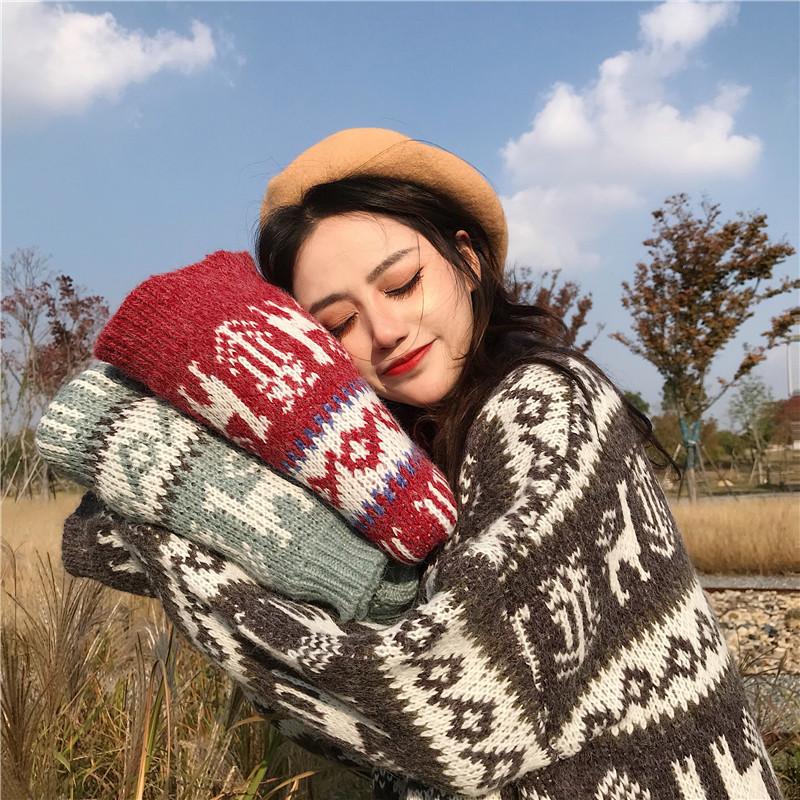 Vintage women christmas sweaters loose mid-length pullover thickened O-neck Fawn printing sweater