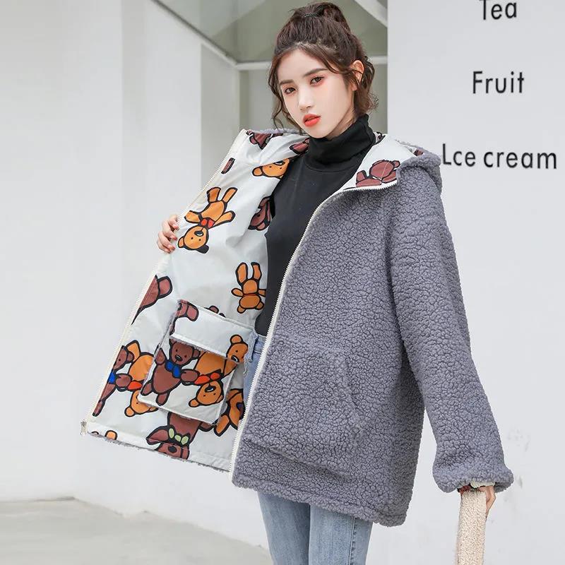 Double-sided Printed Women's Cotton-padded Jacket Spring Autumn Student Jacket Korean Hooded Bear Lamb Wool Cotton Jacket