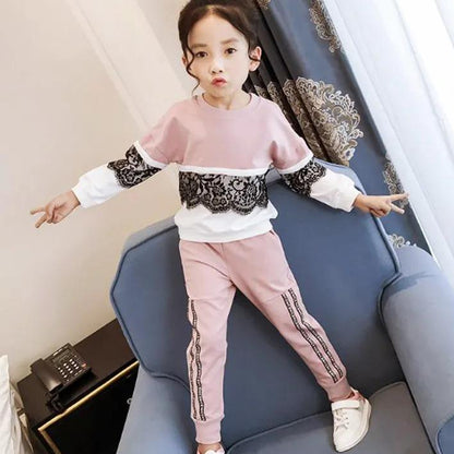 Children's Spring and Autumn 2-piece Sports Suit Korean Lace Stitching Top + Striped Letter Printed Trousers Set