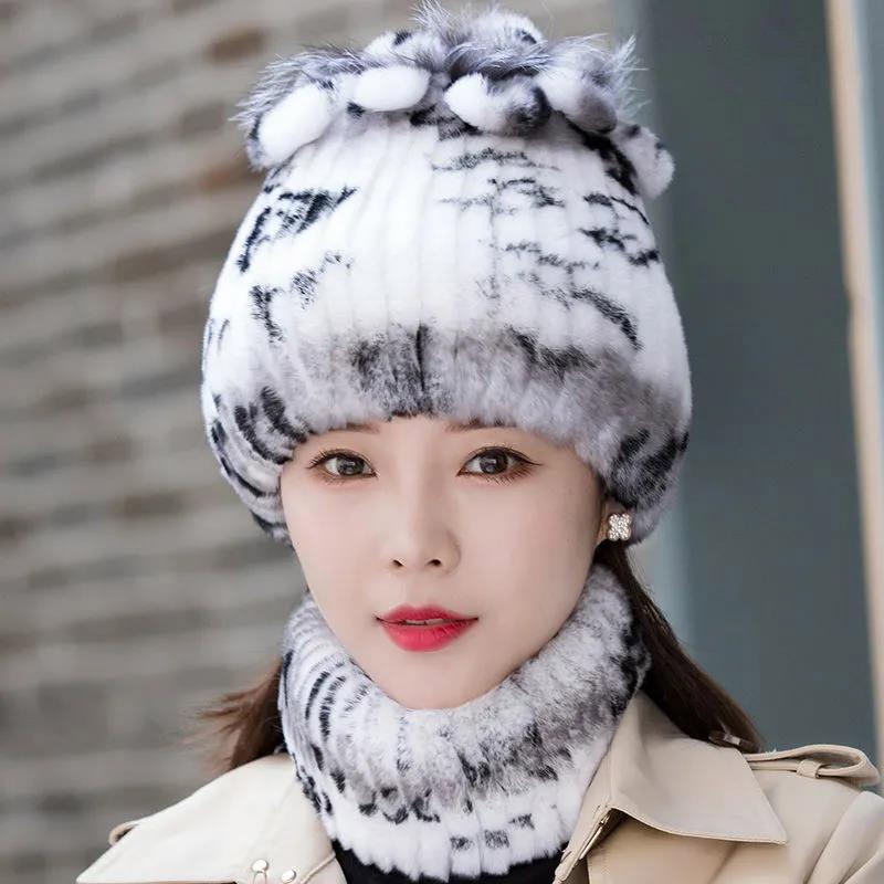 Women's Hat Winter Imitation Rabbit Fur Thick Warm Knitted Hat Korean Fashion Ear Protection Fur Hat Scarf Set