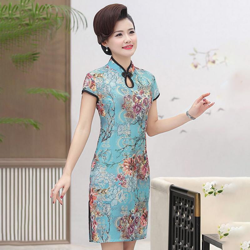 Summer Improved Cheongsam Female Mother Dress Retro Short-sleeved Dress Mid-length Middle-aged and Elderly Printed Cheongsam Dress