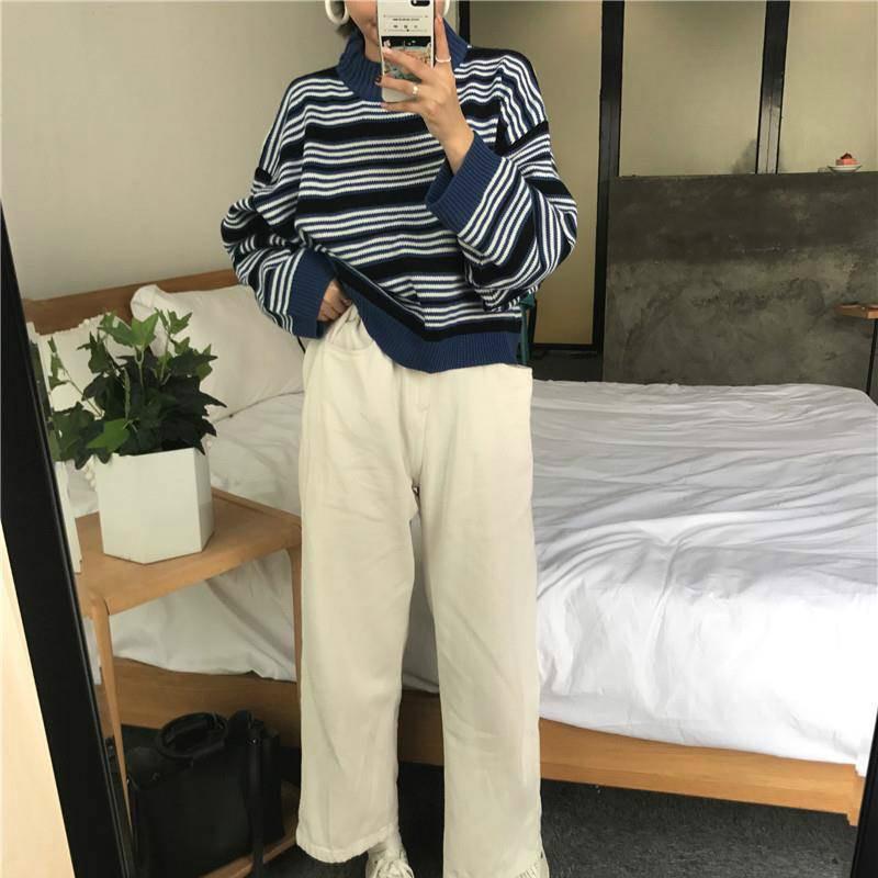 Pofulove Autumn Winter Striped Retro Sweater Short Loose Wild bf Harajuku Style Sweater Women