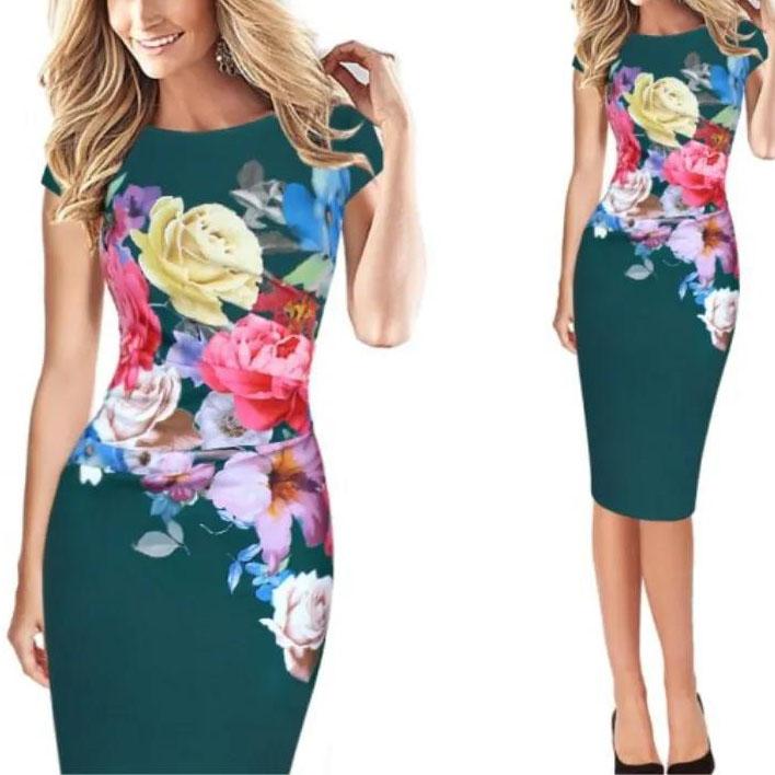 Female Vintage High Waist Short Sleeve Holiday Dress Elegant Slim Floral Print Pleated Casual Dress