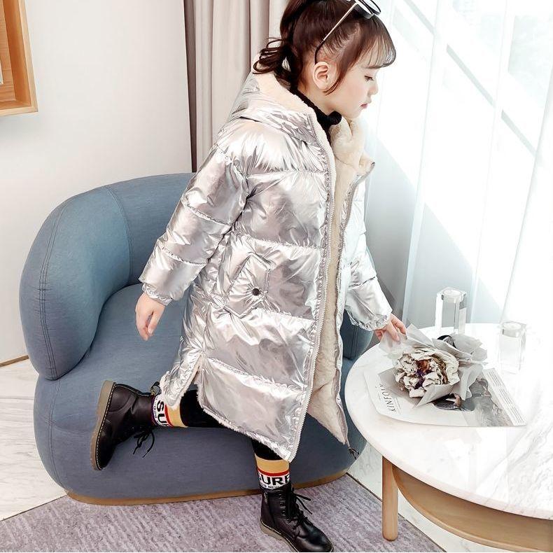 Girls' Cotton-padded Coat Winter Long Children Parka Jacket Kids Plus Velvet Warm Shiny Hooded Parka Coat