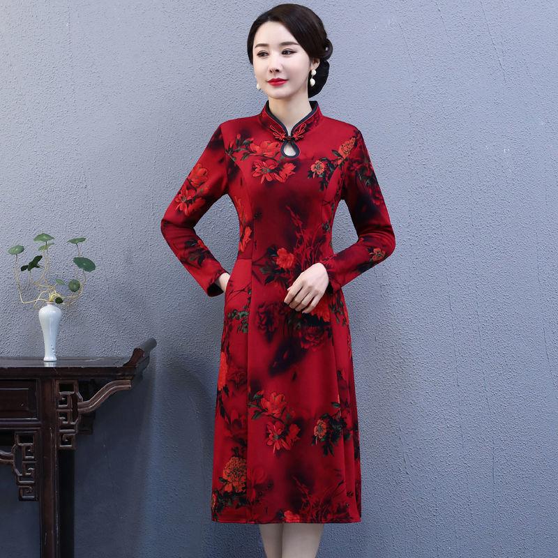 Women's Mid-skirt Chinese Style Long Cheongsam Dresses Retro Knee-length Skirt Summer Slimming Dress Dinner Dresses